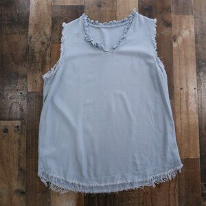 Famulily Womans XL Denim Blue Linen Blend V Neck Sleeveless Top Raw Hems Ruffle